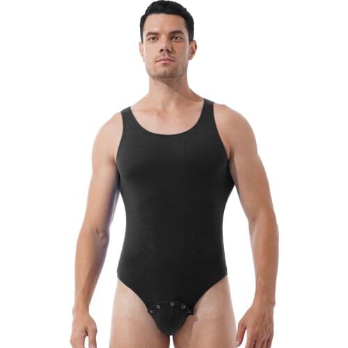 Men Sexy Bodysuit Romper Leotard Sleeveless Press Button at Crotch Vest Shirt Sportswear Jumpsuit for Gym Fitness Workout