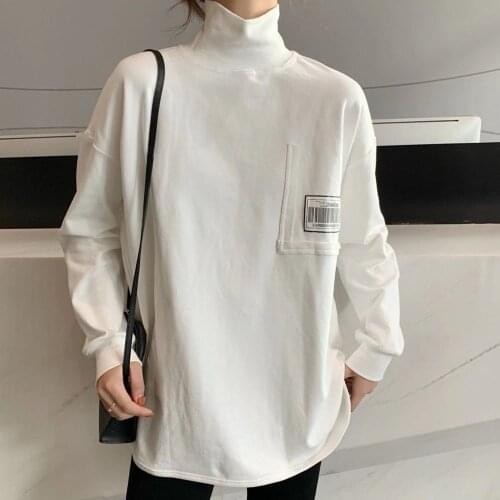 Mid-length student new fashion white black loose T-shirt Korean version japan simple loose long-sleeved bottoming shirt