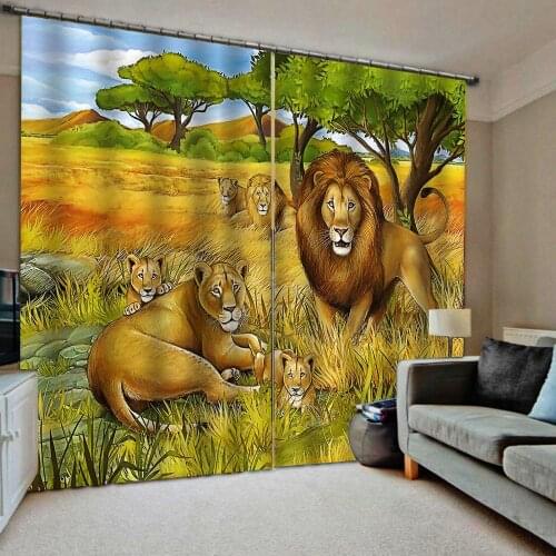 Luxury Blackout 3D Window Curtains For Living Room Bedroom golden scenery lion curtains