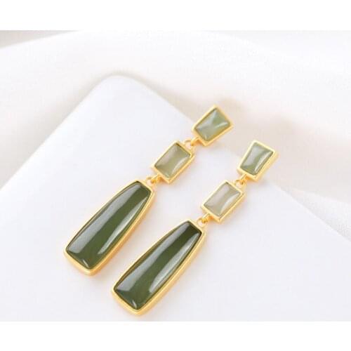 S925 Sterling Silver Inlaid Natural Hetian Jade Gray Jade Square Stud Earrings Fashion Personality Baroque Ornament