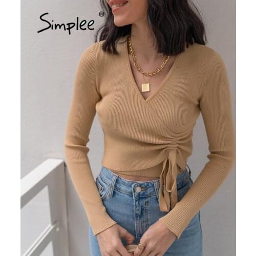 Simplee Elegant long sleeve sweater crop top women Office v-neck autumn short pullover solid Stylish sexy lace up female jumper