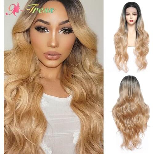 X-TRESS Long Wave Lace Front Wig Ombre Synthetic Wigs for Black Women Free Part Loose Wavy Lace Wig Heat Resistant Cosplay Wigs