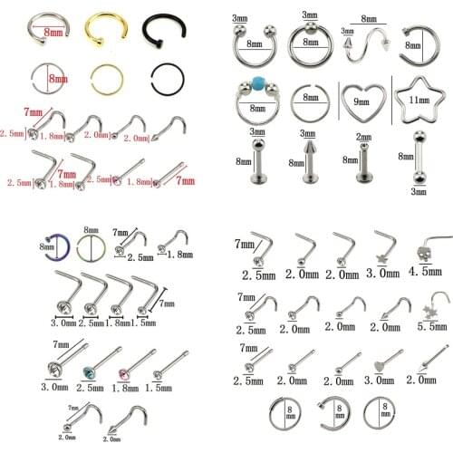 12PCS/14PCS/20PCS/21PCS Rhinestone Nose Studs Ring Hoop Bone Bar Pin Stainless Steel Nose Ring Piercing Body Jewelry