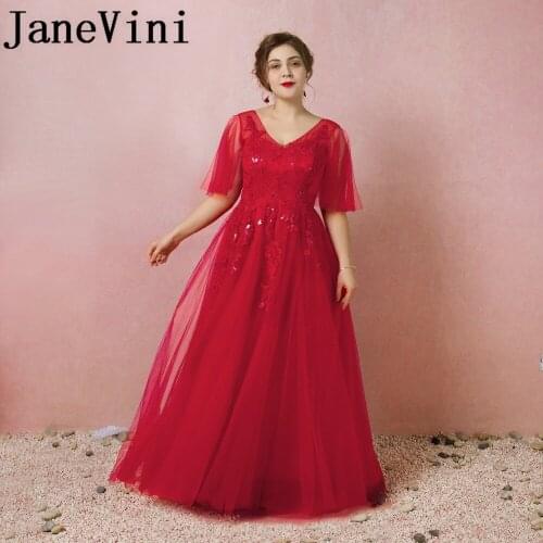 JaneVini 2018 Red Tulle Long Bridesmaid Dresses Plus Size V-Neck Lace Appliques Sequins Floor-Length Formal Gowns for Wedding