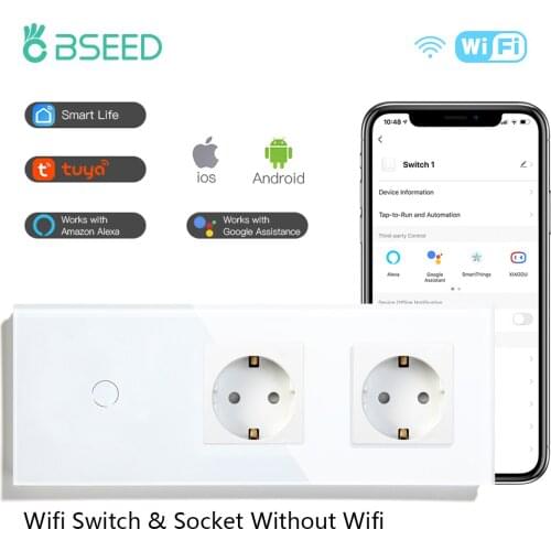 BSEED Wifi Light Switch 1/2/3Gang 1/2/3Way Smart Wall Switch Wireless Google Home Tuya With Double EU Power Outlets Without Wifi