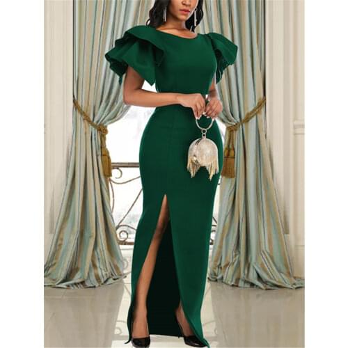Party Women Maxi Dress Emerald Green Short Cloak Sleeve Ruffles Sexy High Slit Slim Fit Dress for Christmas Dinner Night Clothes