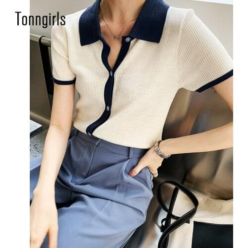 Tonngirls Vintage T Shirt Casual Knitted T Shirt Women Turn-down Collar Tee Tops Streetwear Korean Style Tee Shirt Femme Summer