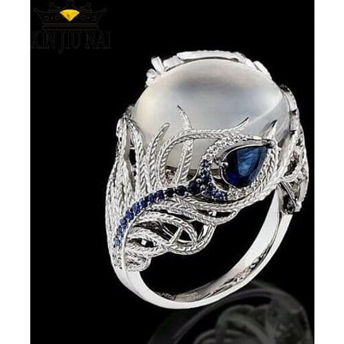 Opal Fashion Blue Zircon Flower Moonstone Rings For Women European Creative Vintage Feather Ring Wedding Jewelry Gifts Anel