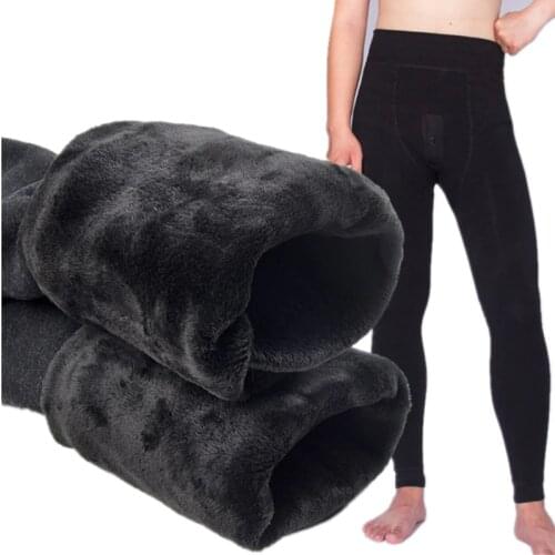 Winter Warm Men Long Johns Thick Velvet Thermal Underwear Male Elastic High Waist Leggings Underpants Pantalon Termico Black