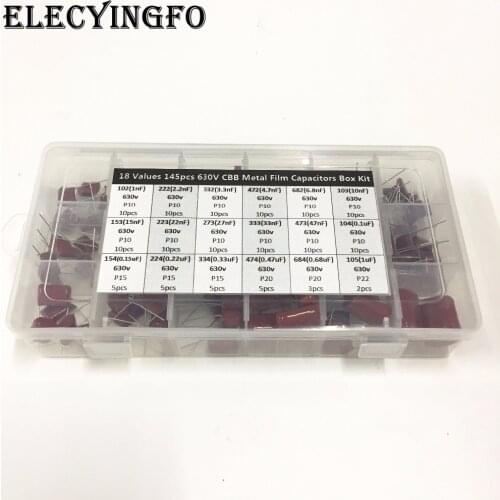 18values 145pcs 630V 1nF~1uF (102~105) 2.2nF 4.7nF 10nF 22nF 33nF 0.1uF 0.15uF CBB metal film capacitors Assortment Kit Box