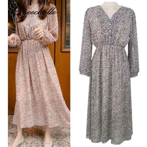 2020 Spring Summer Women Dress Vintage Floral Print Loose Long Beach Dress Elegant V-neck Long Sleeve Chiffon Shirt Dress Party