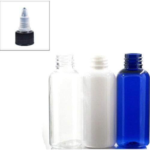 50ml empty round Plastic Bottles, blue/white/clear PET bottle with black tWist-open dispensiplastic bottle x5