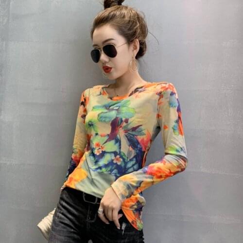 #8521 Casual Vintage Mesh T Shirt Women O Neck Floral Printed T Shirt Female Long Sleeves Sexy Skinny Basic T-shirt Femme Thin
