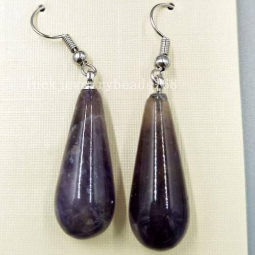 Free Shipping Women Fashion Jewelry 10x29mm Natural Purple Crystal Water Drop Women Bead Dangle Earrings Pair C5104