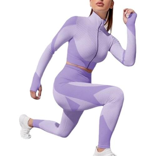 Seamless Women Yoga Set Fitness Long Sleeve Zipper Crop Top High Waist Leggings Sports Suits Workout Sportswear Gym Clothing