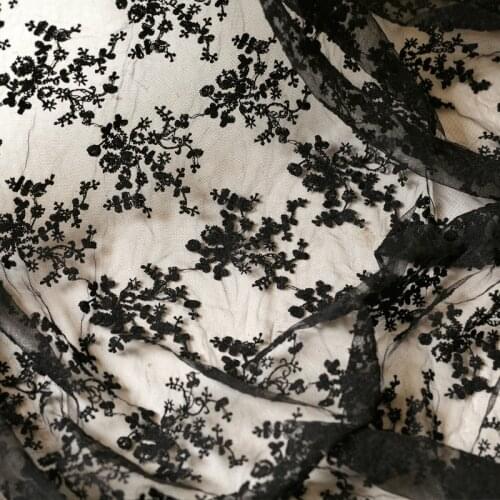 Black Mesh Flowers Full Embroidered Lace Fabric DIY Wedding Dress Curtain Doll Clothes Accessories Width 135cm 1Yard