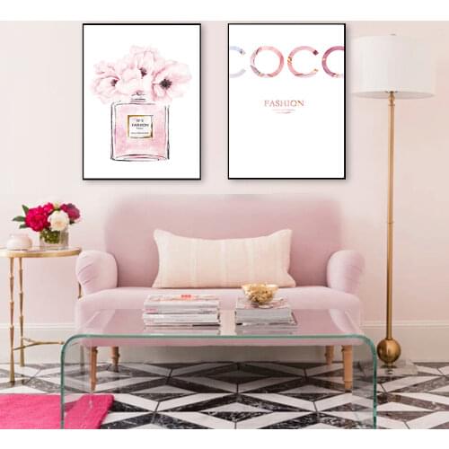 Bottle Painting Wall Pictures For Bedroom Decor Abstract Canvas Painting Perfume Pink Peony Posters And Prints Quotes Perfume