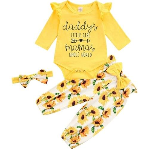 FOCUSNORM 3pcs Infant Baby Girls Clothes Sets 0-24M Letter Ruffles Long Sleeve Romper Flowers Pants Headband