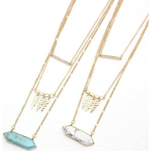 FYSL Light Yellow Gold Color Geometric Shape White Howlite Stone Pendant Link Chain Necklace Green Turquoises Jewelry