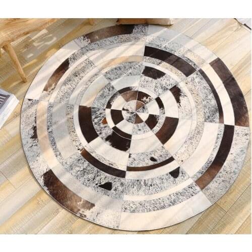 Ins European style brown bedroom living room circular rugs custom designer soft hand-spliced cowhide patchwork leather carpet