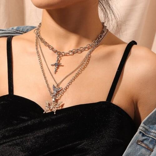 Kpop Gothic Harajuku Multi-layer Angel Cross Rose Butterfly Pendant Chains Necklace For Egirl Women Men Punk Aesthetic Jewelry