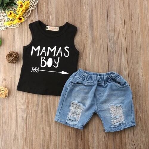Cool Kids Boys Baby Clothes Summer Sleeveless T-Shirt Tops Denim Hole Short Jeans Outfits Clothes Set