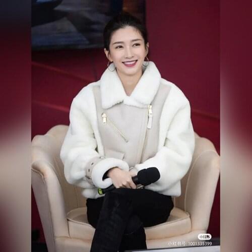 French 2021 Autumn Winter New Ladies Style PU Leather Stitching Lamb Hair Short Coat Temperament Thickening Motorcycle Jacket