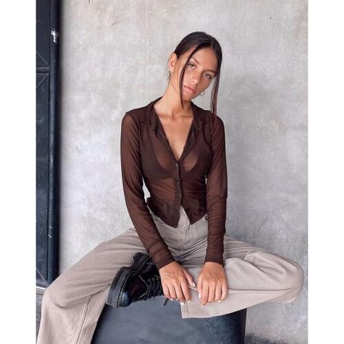 Summer blusas 2021 chocolate y2k transparent mesh top perspective sexy mature shirt блузки женские новинки
