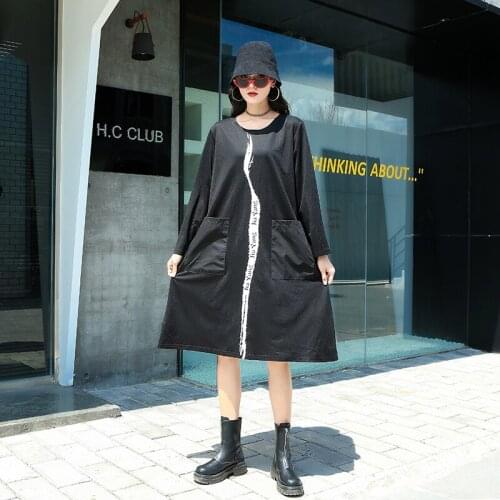 Letter Print Plus Size Dress Fashion 2020 Autumn Elegant Goddess Fan Pocket Black Minority Loose Dress