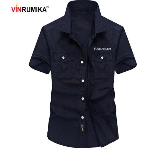 VINRUMIKA NEW 2020 mens summer military casual brand 100% cotton army green short sleeve shirt man black blue shirts khaki tops