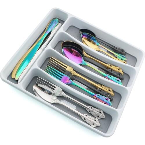 Colorful Dinnerware Cutlery Set Mirror Stainless Steel Tableware Set Knife Fork Spoon with Plastic Storage Tray Kitchen Flatware