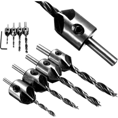 4pcs HSS 4241 5 Flute 3/4/5/6mm Countersink Drill Bit Set Hex Shank Reamer Woodworking Chamfer for Woodworking Wood Drilling