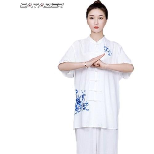 Tai Chi Clothing Female Summer Elegant Linen Cotton Short-sleeved Summer Pants Tai Chi Clothing Practice Clothes Embroidery