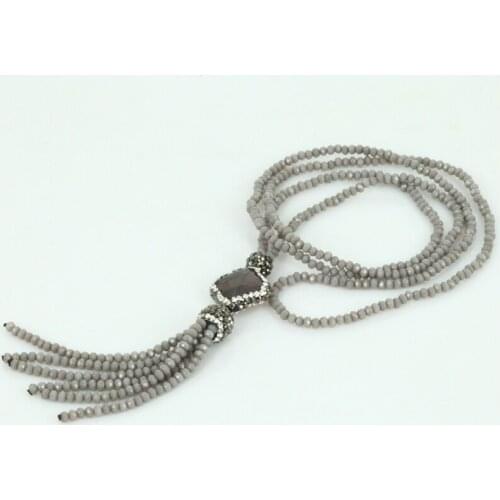 2mm bead tassel bohemia grey red blue square stone connector pave rhinestone charm dangle pendant necklace for women jewelry