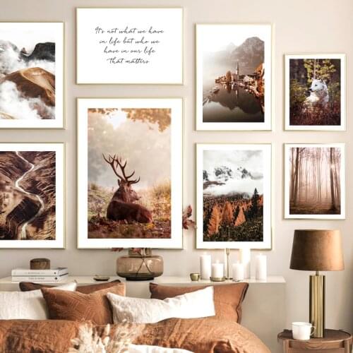 Cloud Mountain Sunlight Forest Lake Deer Wolf Nordic Poster Wall Art Print Canvas Painting Decoration Pictures For Living Room