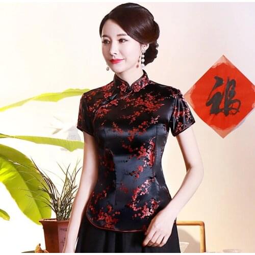 Vintage Flower Women Chinese Traditional Satin Blouse Summer Sexy Shirt Novelty Dragon Clothing Tops Plus Size 3XL 4XL WS009