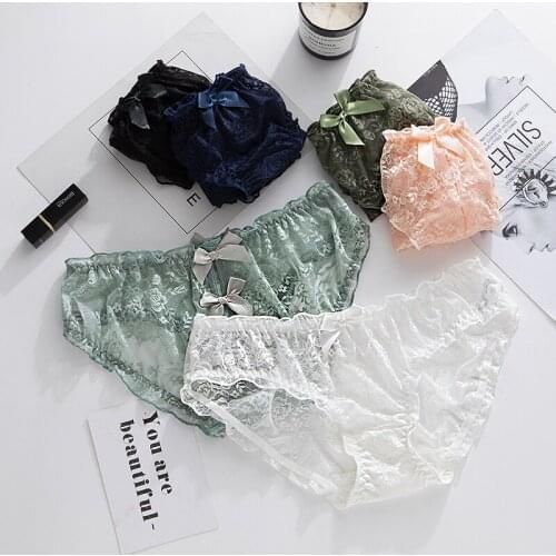 Sexy Panties For Women Full Lace Perspective Soft Temptation Underpants Young Girl Hollow Out Show Your Buttocks Bow Underwear