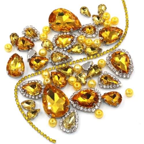 Wedding Decoration Teardrop Golden Mix Size Glass Crystal Stones Pearl Beads Cup Chain Rim Rhinestones Sew On Clothing/Dress