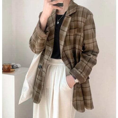 2021 Autumn Retro Plaid Suit Jacket Womens Long Sleeve Korean-Style Loose Casual Blazer 1722