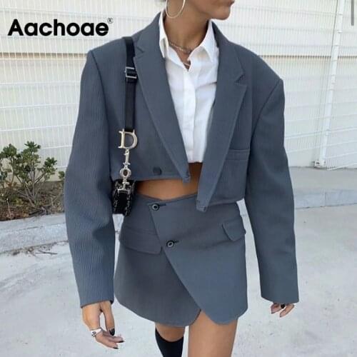 Aachoae Solid Color Streetwear 2 Piece Corduroy Set Women Long Sleeve Cropped Jacket With High Waist Mini Skirts Outfits 2020