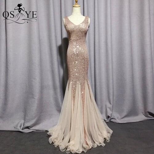 QSYYE Gold Evening Dress Glitter Mermaid Sexy V Neck Tank Women Cheap Evening Gowns Ruffles Tail Elegant Party Dress Sequined