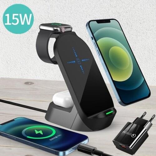 4 IN 1 Wireless Charger Stand For Apple Watch 6 5 4 3 2 Airpods Pro 15W Fast Charging Station For Iphone 8 XR XS 11 12 Pro MAX