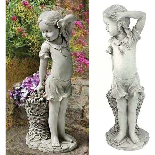 Flower Girl Garden Statue Sculpture Child Figurine Planter Decor Outdoor Ornament Basket Lawn Yard Garden T8E5
