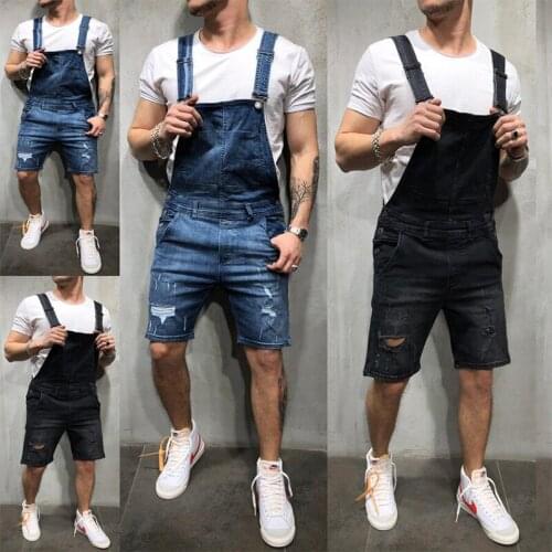 Denim Overalls Men summer Hip hop Five points Jumpsuit man fashion Streetwear Slim Knee Length Hole denim Jumpsuit men