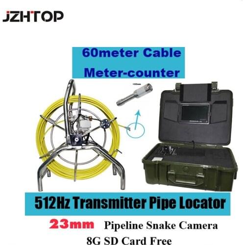 60m Endoscope Camera Pipeline Inspection Snake Camera 23mm Lens DVR Recorder 512hz transmitter 8GB SD Card Meter Counter