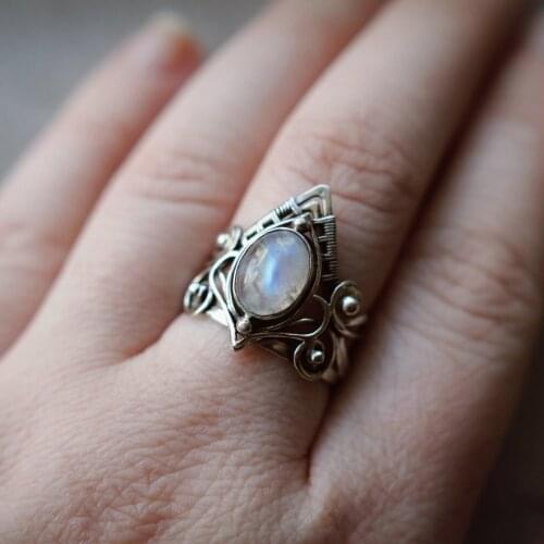 Vintage Punk ring 925 Sterling silver Moonstone Party Wedding Band Rings for women Fashion Jewelry