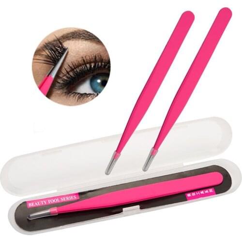 Fashion Rose Red Tweezers Stainless Steel Eyelash Extension Tools Straight Curved Professional Portable Eyebrow DIY Tweezers