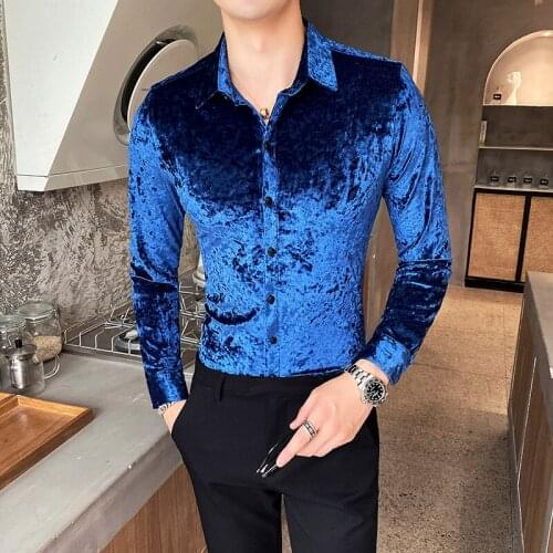 Golden Velvet Personality Men Casual Slim Long-sleeve Shirt Flower Print Top Slim Party Shirts Male Dress Shirt Men Clothes