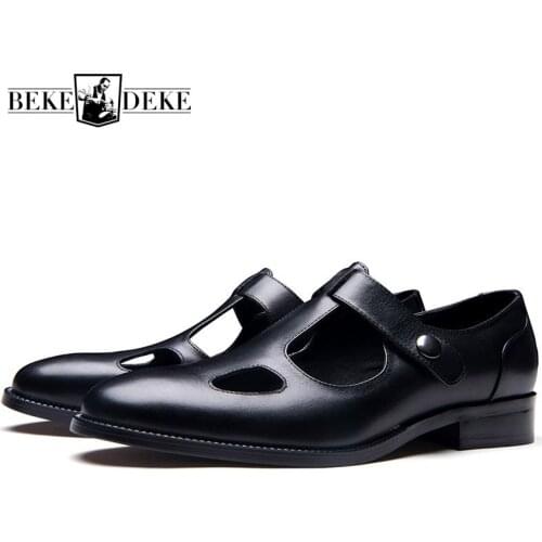 New Designer Mens Hollow Out Summer Gladiator Sandals 2020 Pointed Toe Genuine Leather Sandals Office Man Work Breathable Shoes