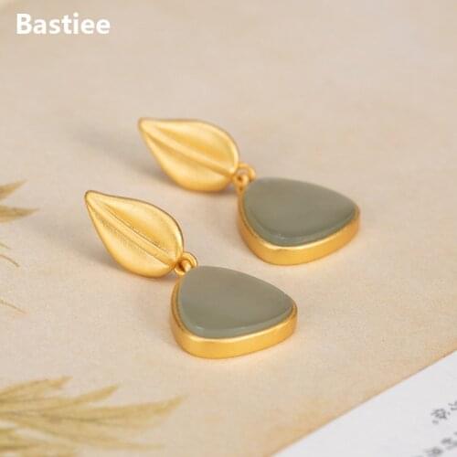 Bastiee Triangle Stud Earrings For Women Jewelry Leaf Drop Green Jade Earings Geometric Office Lady